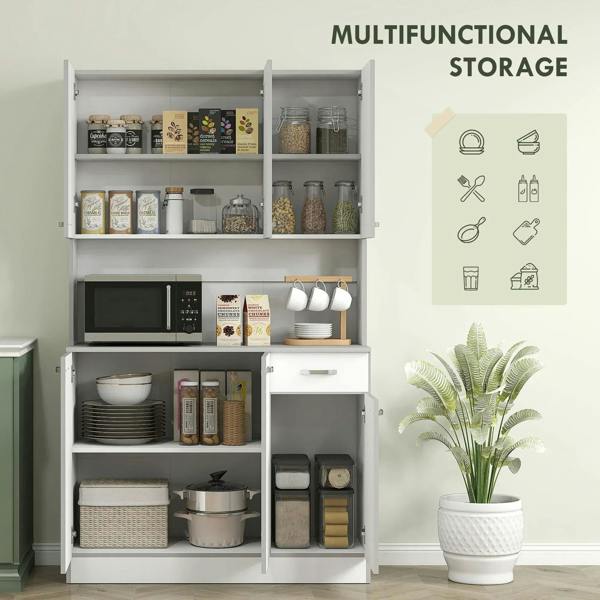 White kitchen storage cabinet with open shelves for jars, bowls, and kitchenware