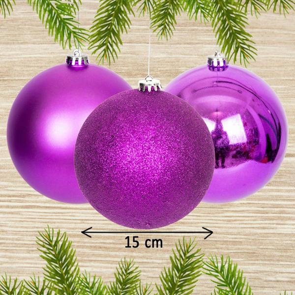 Shatchi 15cm Purple Shatterproof Christmas Baubles Set of 3 for Tree, Garland and Home Decor