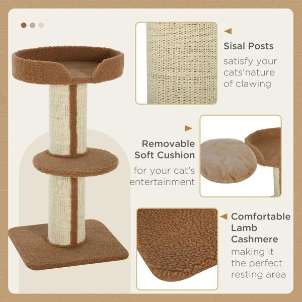 Brown cat tree tower with removable soft cushion and sisal scratching posts