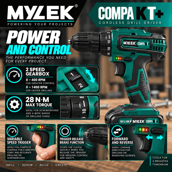 Mylek 18V Cordless Li-Ion Drill With Accessory Kit and Carry Case