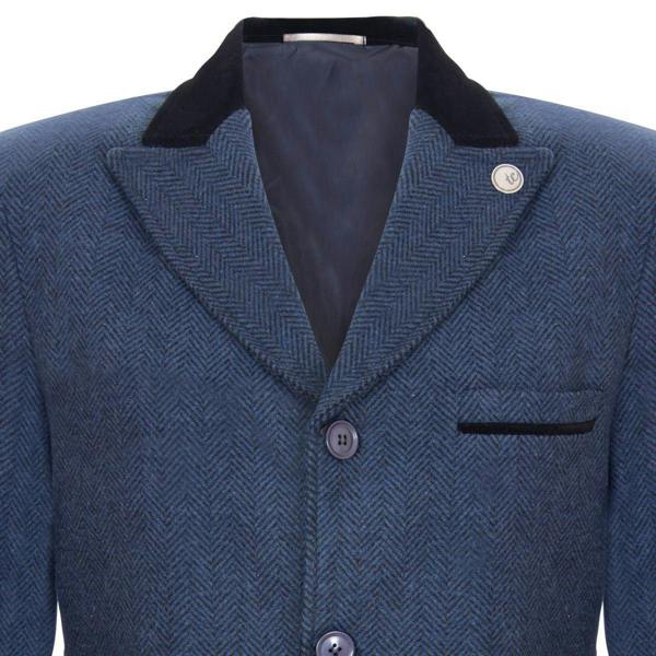 TruClothing Mens 3/4 Long Navy Overcoat Jacket Herringbone Tweed Coat Peaky Blinder