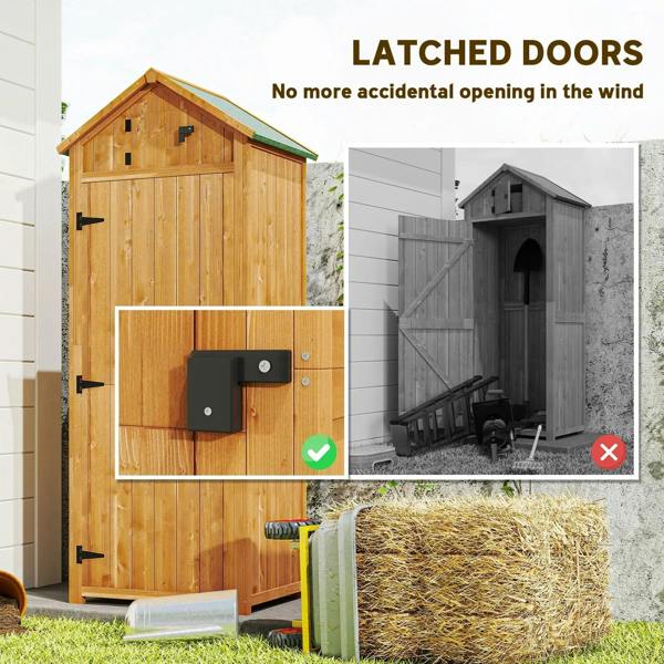 Brown wooden garden shed with latched doors and secure black latch hardware