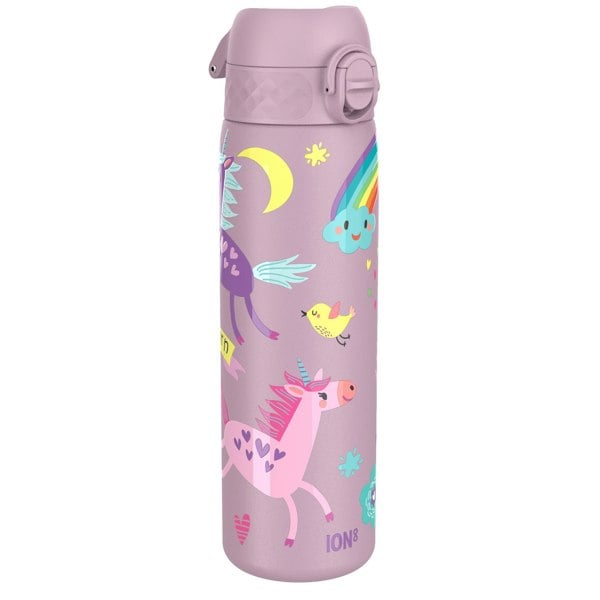 A lavender water bottle, featuring unicorns, rainbows, and a bird, stands upright against a white background. ION8 is printed at the bottom.