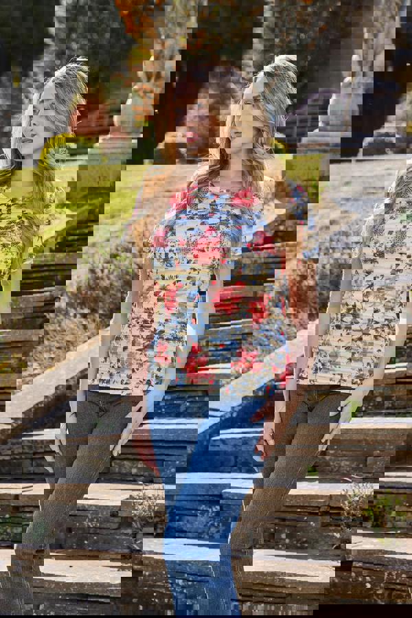 Mudflower Floral Stripe Print Embellished Top