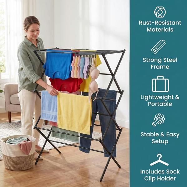 Laundry Mate Clothes Airer with Sock Clips - 3 Tier Space Saving Foldable Laundry Rack - Extends up to 71CM 11 Hanging Poles