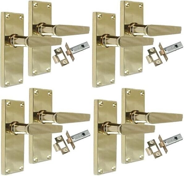EDH Door Hardware InteriorDoor Handles Victorian Straight Lever Latch Brass Finish + Tubular Latch, 4 Pairs
