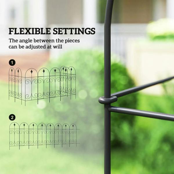 Black metal fence panel with adjustable layout at posts and decorative finials