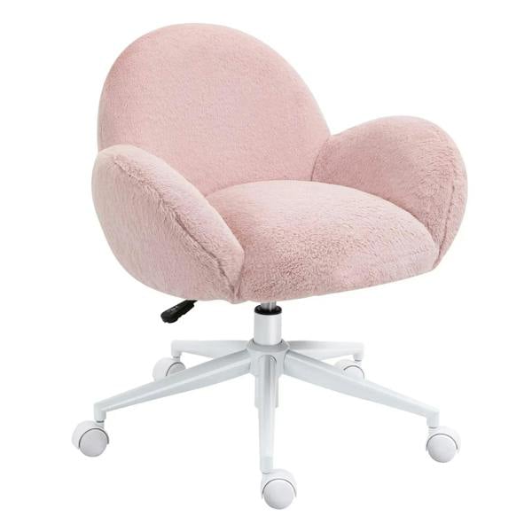 Pink fluffy vanity chair with curved arms and padded seat, on rolling white base