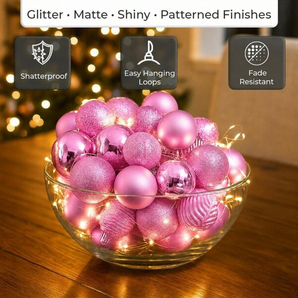 Neo Frosted Pink 36PCS Christmas Tree Ornaments Set Baubles Glitter Balls Holiday Festive Decorations Assorted Sizes Colours Home Party Décor
