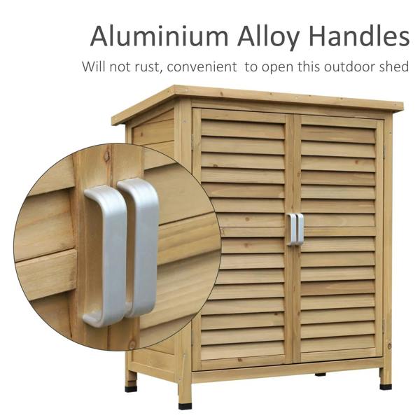 Natural wood shed with aluminium-style alloy handles on double shutter doors