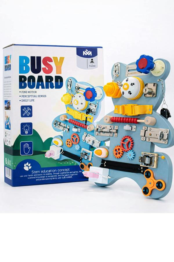 Dyzi Montessori Busy Board Bear Sensory Toy Learning Motor Skills Activity