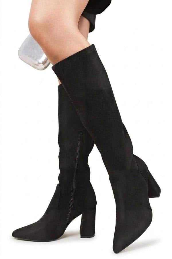 Odina Block Heel Pointed Toe Knee High Boots - Black S_wb