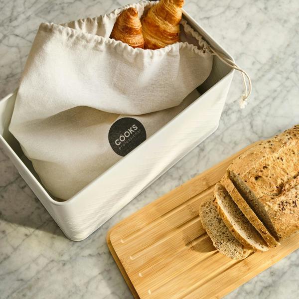 Cooks Professional Embossed Bread Bin, Linen Bag and Bamboo Board Set | White
