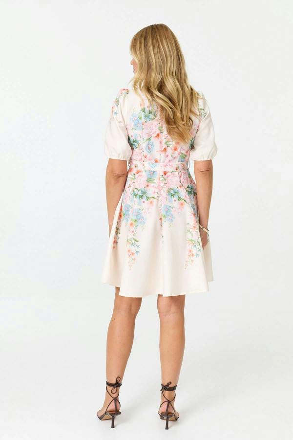 White | Floral 1/2 Sleeve Tie Waist Short Dress