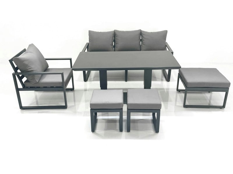 Fimous Outdoor Aluminium Garden Furniture Set with Adjustable Rising Lifting Dining Table 3 Seater Sofa Chair 3 Footstools Dark Grey