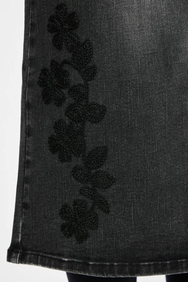Mudflower Embroidered Floral Washed Black Denim Midi Skirt