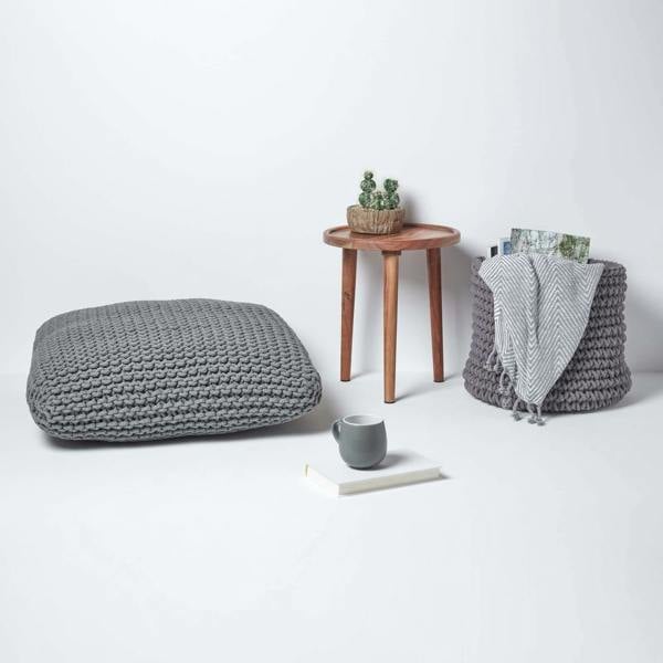 HOMESCAPES Square Cotton Knitted Pouffe Floor Cushion