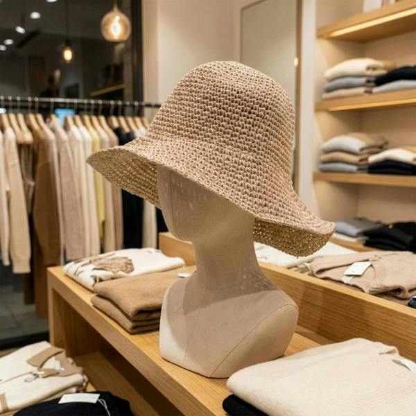 Rose blush woven straw floppy sun hat with wide brim on a mannequin