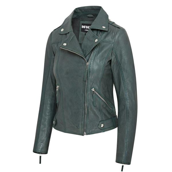 Infinity Leather Womens Green Biker Leather Jacket - Denver