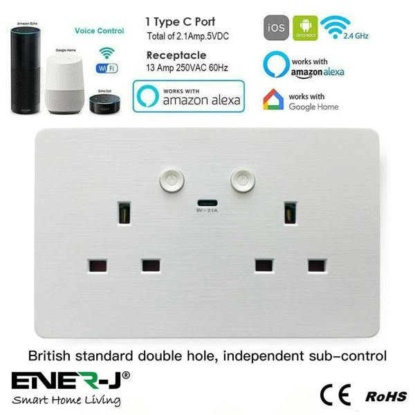 ENER-J Smart Wall Socket – WiFi Double Power Socket with USB & Type-C, Alexa & Google Compatible, 13A UK White