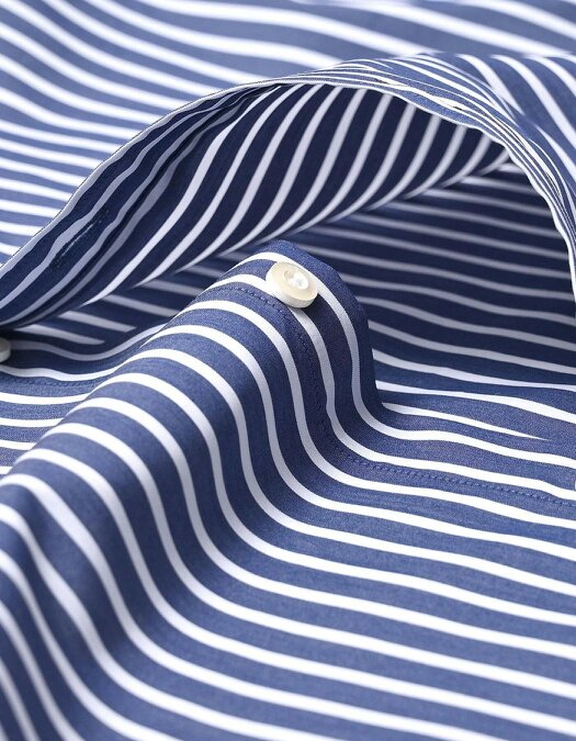Men's Navy Striped Cotton  Contrast Collar Shirt