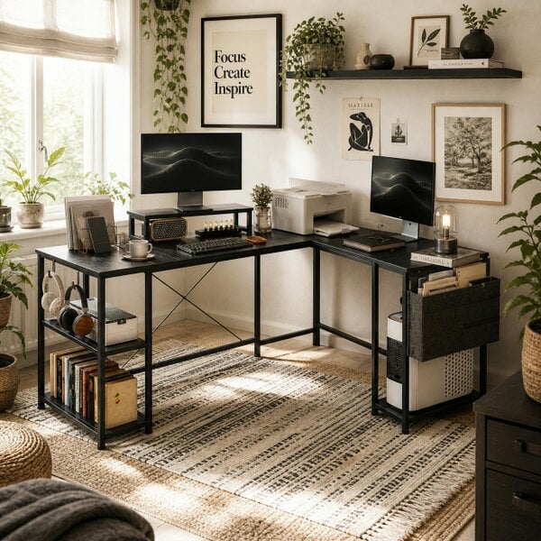 Wyld Haus Kadoso 168cm Black Reversible Industrial L Shaped Desk With Adjustable Shelves And Monitor Stand