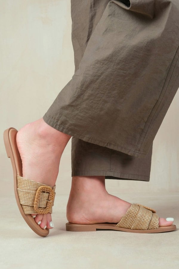 Where's That From Noon Slip on Flats With Raffia Detailing in Natural Faux Leather