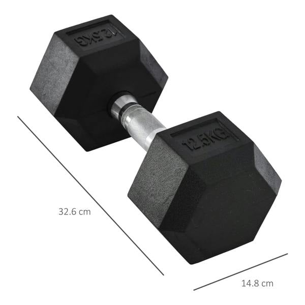 Black rubber hex dumbbell with knurled handle, size markers shown in cm