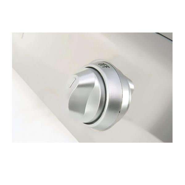 Silver control knob on a gas stove appliance