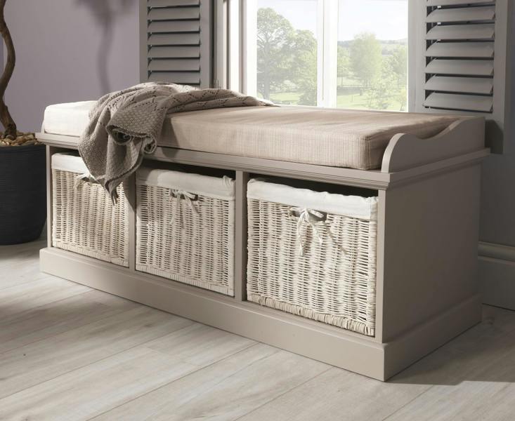 Statement Furniture Tetbury Bench with 3 White Wicker Baskets and Cushion, Assembled Hallway Storage