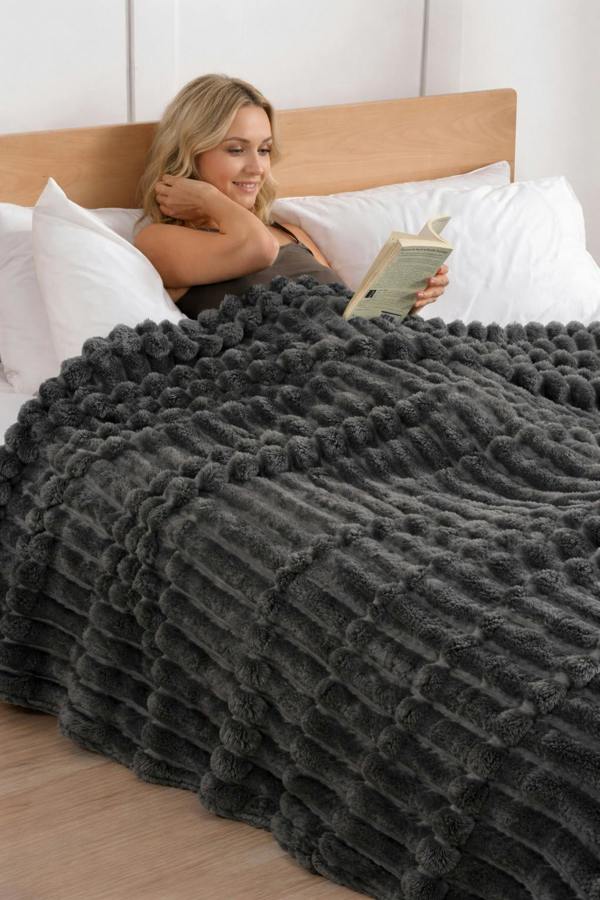 Dyzi Ribbed Jacquard Fleece Bed Blanket Throw 150x200cm Charcoal Grey