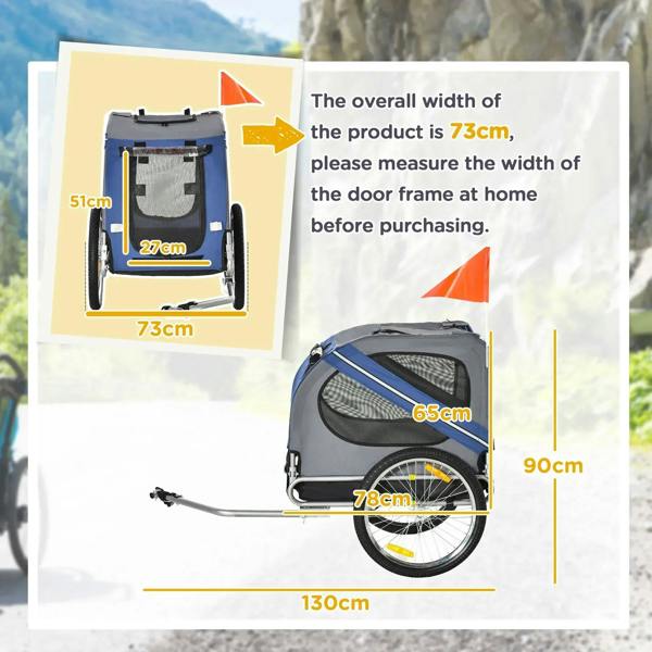 Blue and gray pet bike trailer with mesh windows and rear frame hitch connector.