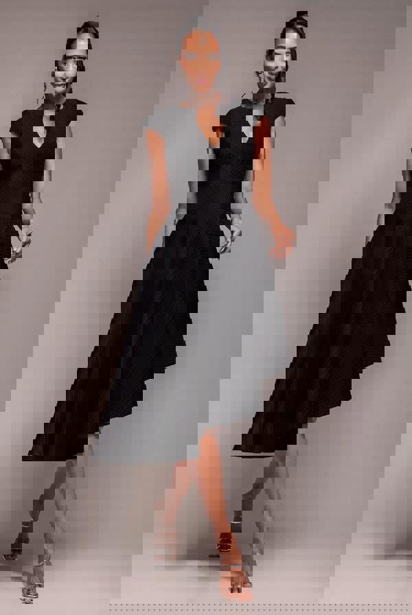 Cap Sleeve Textured Skater Asymmetric Midi Dress - Black DR5076