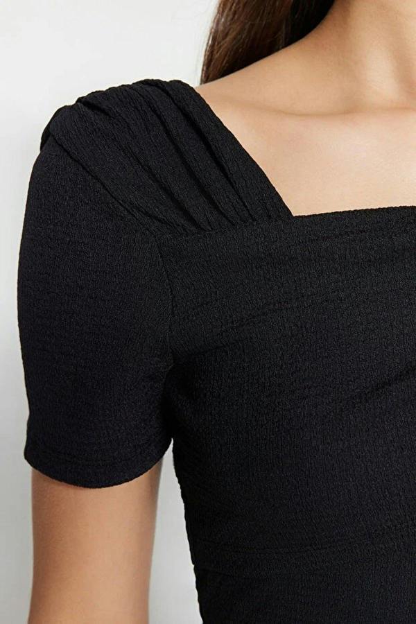 WOVCOR Asymmetrical Collar Fitted Snap Button Knitted Bodysuit