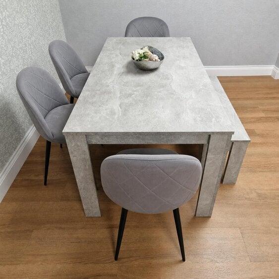 Kosy Koala Light Stone Grey Effect Dining Table Set with 4 Grey Velvet Chairs & Bench, 140x80x75cm