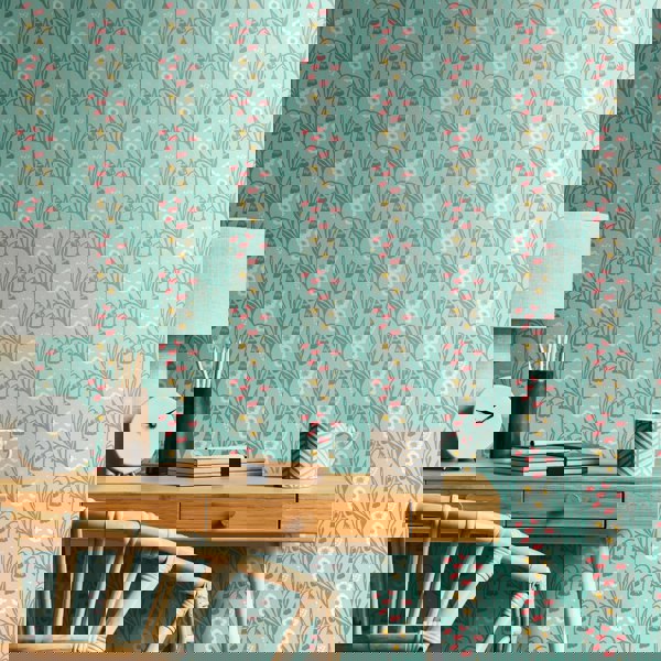 Hoopla Walls Meadow Stripe - Seafoam & Coral 10m Wallpaper