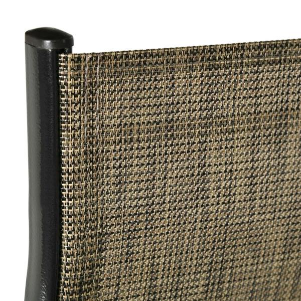 Detail of mixed brown mesh seat corner with black metal post and end cap