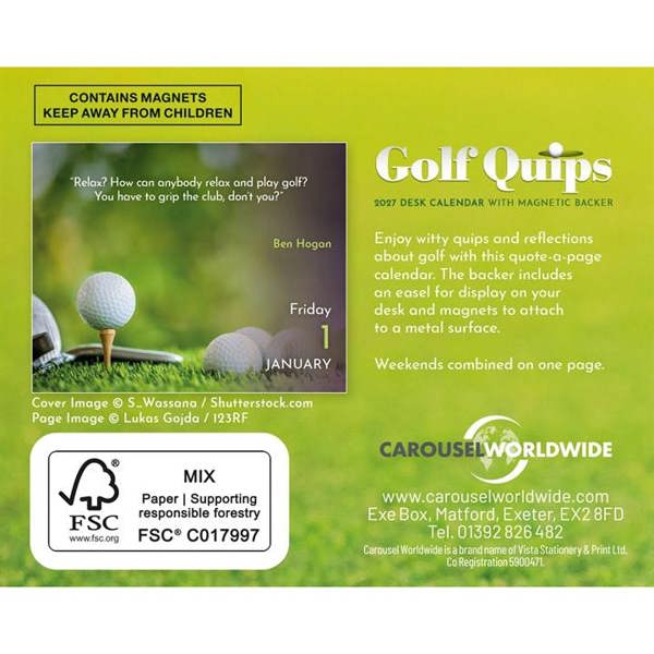 Golf Quips Mini Desk Calendar 2027, Desk Calendars, Day To View, Sports, Gift