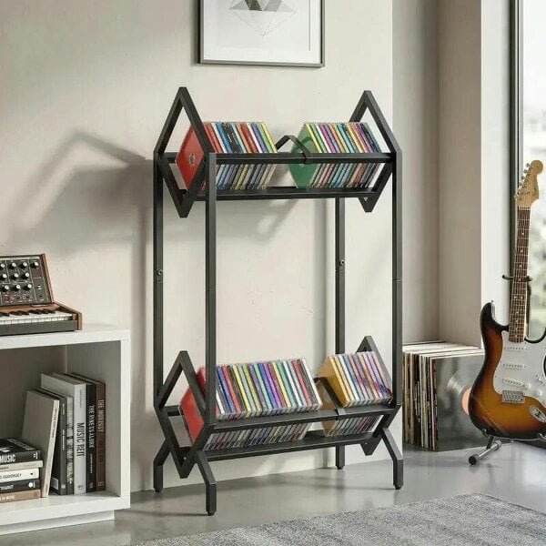 Bobobiy 50 CD Storage Rack, 2-Tier Metal CD Storage Unit, Free Standing, Easy to Assemble, Black - Black