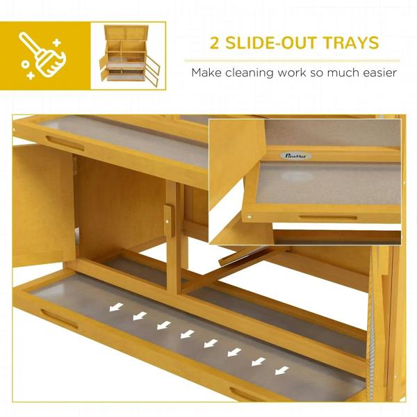 Yellow rabbit hutch with two slide-out trays underneath the two wire-mesh tiers