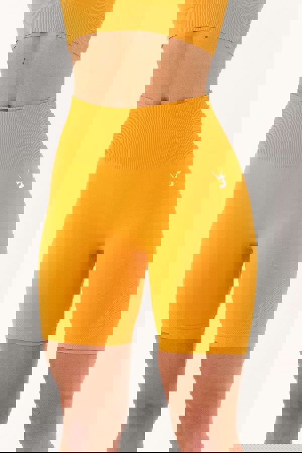 V3 Apparel Women's seamless Limitless high waisted cycle shorts in orange – Squat proof 5 inch inseam leg bum enhancing shorts for Gym workouts training, Running, yoga, bodybuilding and bikini fitness.