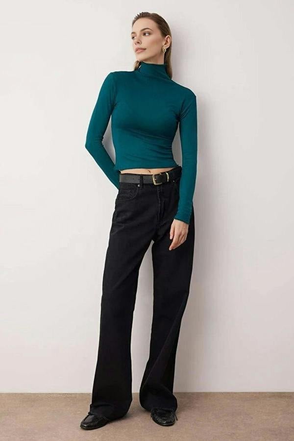 WOVCOR Transparent Stand Collar Flexible Regular Knit Blouse