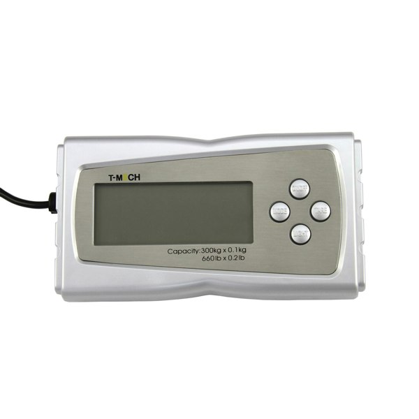 T-Mech platform scales display with a large digital screen, silver casing, and control buttons for easy weight measurement