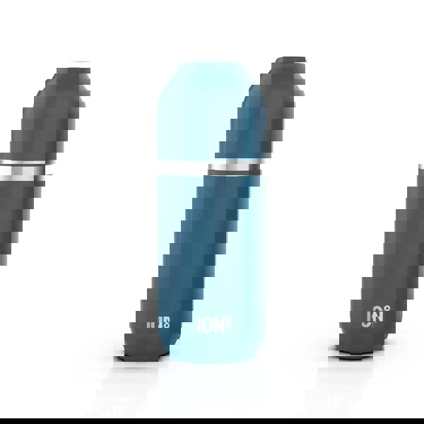 A blue insulated bottle standing upright with a silver horizontal band near the top on a plain white background. The text "ION8" is printed near the bottom.