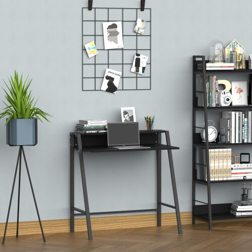 Wyld Haus Havi 84cm Wooden Black Compact Writing Desk With Integrated Storage Shelving