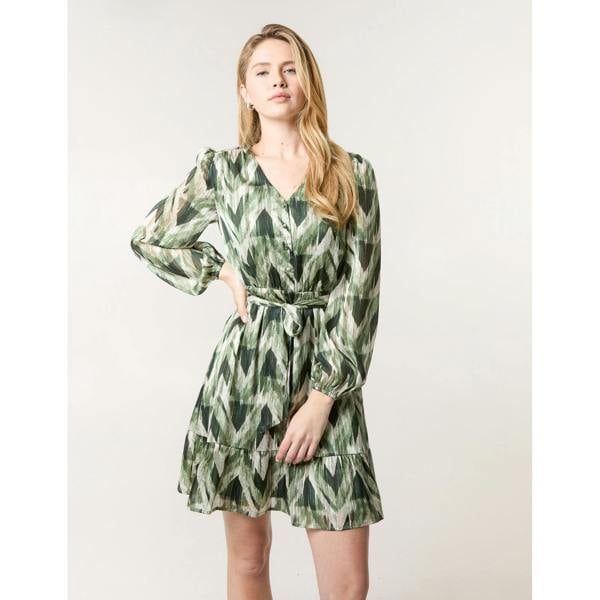 Blue Vanilla Metallic Zig Zag V Neck Belted Dress