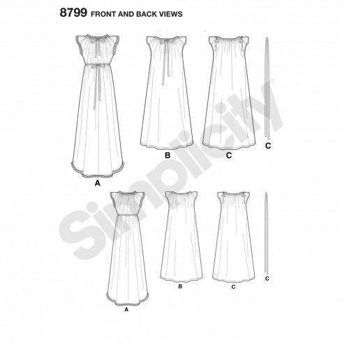 Simplicity Sewing Pattern 8799, Dresses, Pyjamas, Vintage Style for Women, A (XS-S-M-L-XL) - Easy
