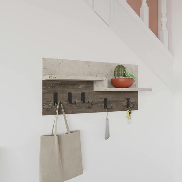 Decortie Harmon Modern Wall Mounted Coat Hanger with Open Shelf 5 Metal Hooks