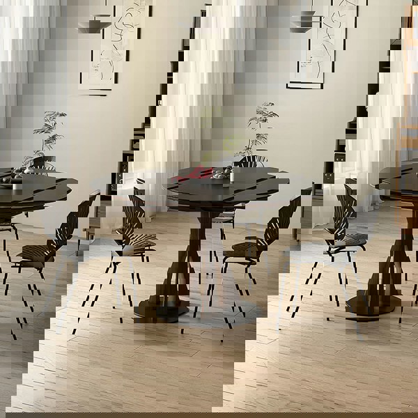 Detail view of Caruso Round Folding Dining Table, Sintered Stone, Black with wood folding dining table