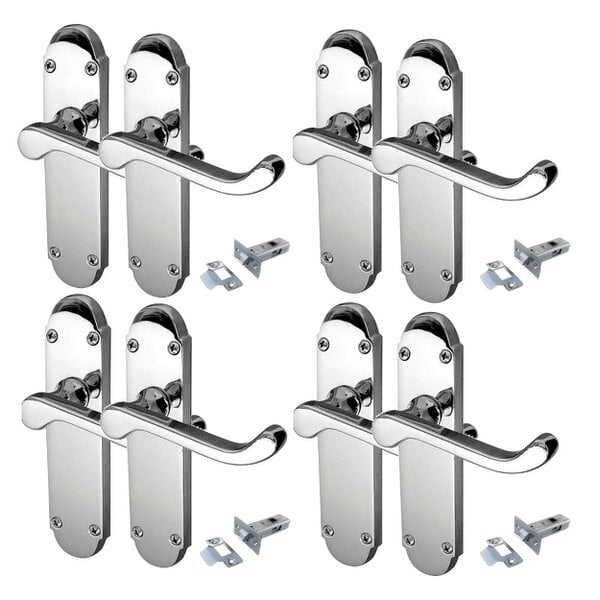 EDH Door Hardware Polished Chrome Victorian Scroll Door Handles on Shaped Backplate – 170mm x 40mm + Tubular Latch 4 Pairs